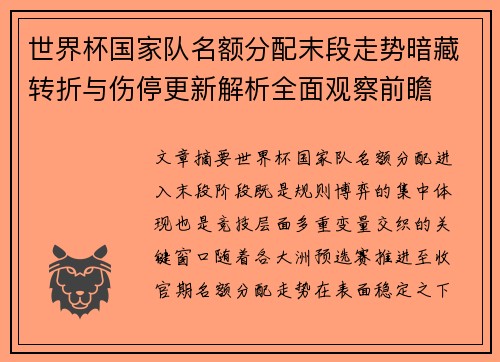世界杯国家队名额分配末段走势暗藏转折与伤停更新解析全面观察前瞻